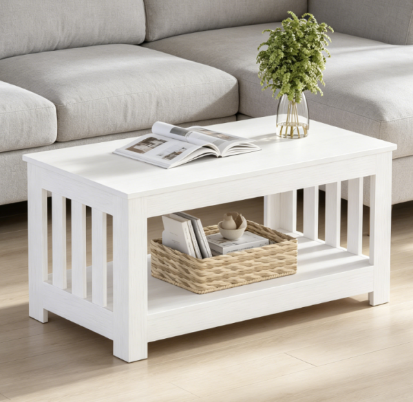 Large White Coffee Table, 2-Tier Rectangular for Living Room